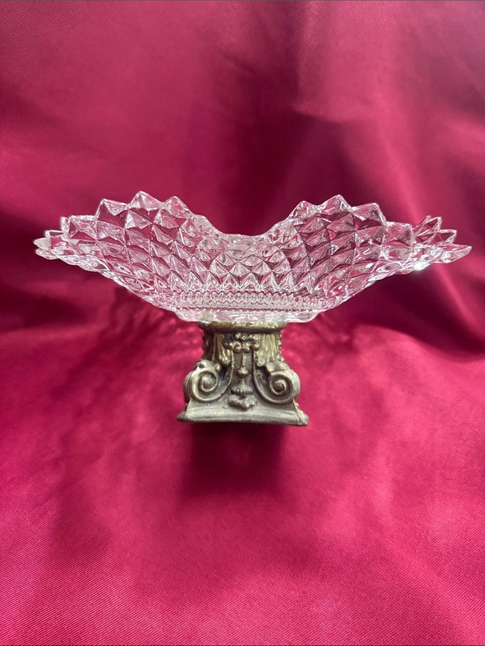 Cut Glass Compote on Ornate Metal Pedestal - Clear